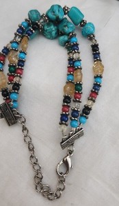 TRIPLE STRAND BRACELET ROUND TURQUOISE STONE ON TOP, W, MULTI BEADS 7"