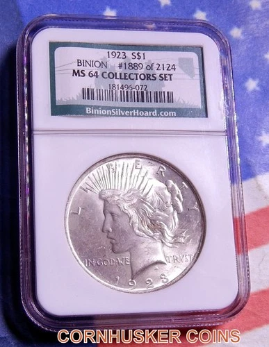 1923 BINION HOARD COLLECTION PEACE SILVER DOLLAR MS 64 ~ BRIGHT COIN 👀