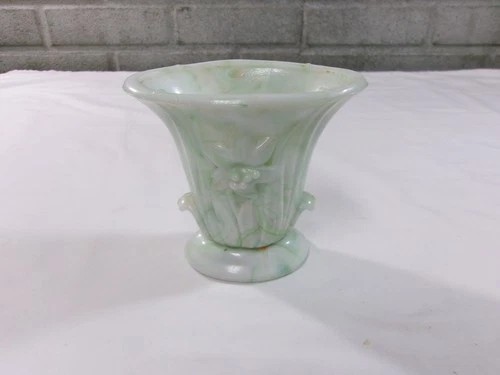 VTG Akro Agate Green Swirl Lily Slag Milk Glass Vase USA 4.25" x 5”