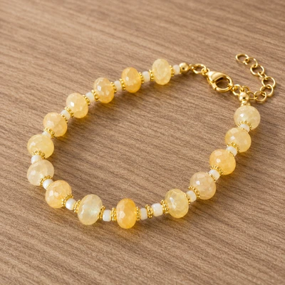 Bracelet femme grosses perles rondes plates jaune réglable fait main doré - Photo 1/2