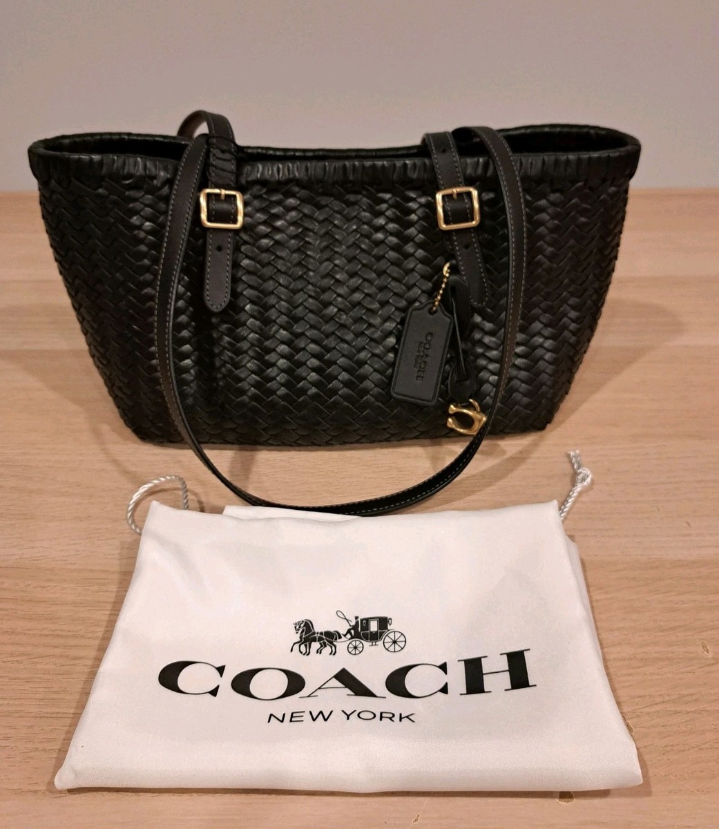 New Authentic Coach Woven Black Leather Swing Tote Shoulder Bag