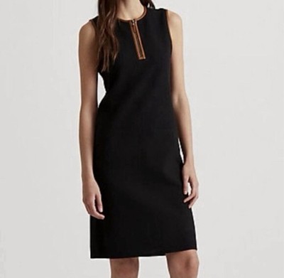 LRL Ralph Lauren Womens LARGE Black Knit Evening DRESS Faux Brown Leather Trim 