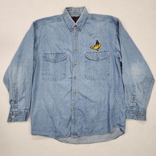 VTG Top Line Warner Bros Looney Tunes Shirt Mens L Blue Denim Logo Button Down