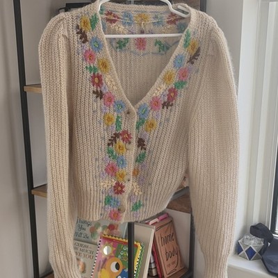 Celia Beige Floral Embroidered Knit Cardigan Sweater Kid Mohair Wool S
