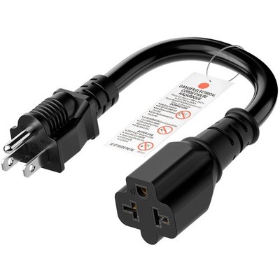 Short 15A to 20A Adapter Cable, Plugrand Nema 5-15P 5-15R, 1 ft, Black