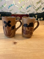 vintage Otagiri stoneware mugs, 1970s, featuring a hand-painted floral design