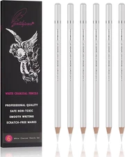 Professional White Charcoal Pencils Set - 6 Pieces Sketch Highlight White Pencil