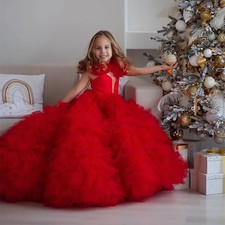 Ruffles Tulle Girls Dresses Red Gown Princess Birthday Dress Kids Formal Wear