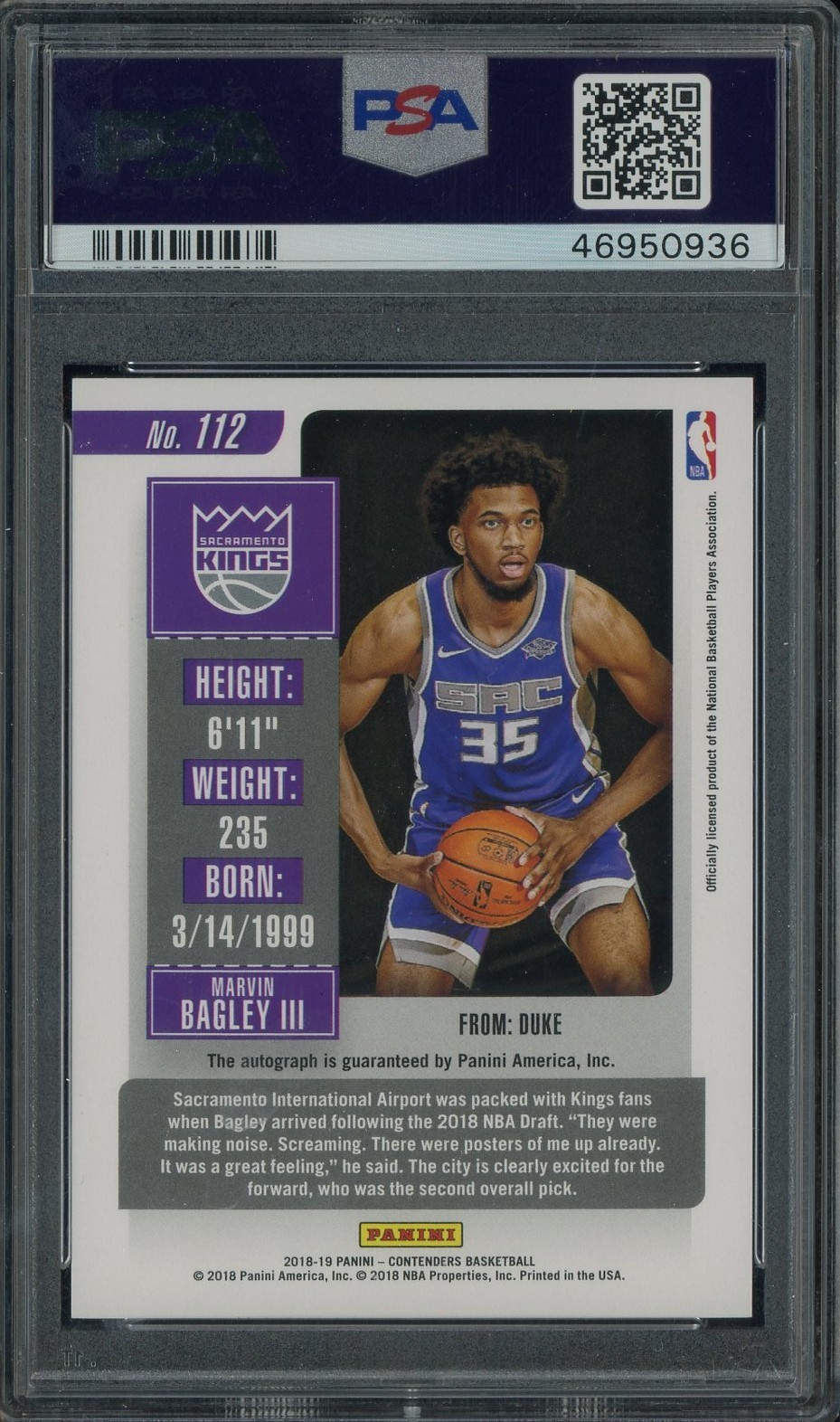 2018 Contenders Rookie Ticket Cracked Ice Marvin Bagley III RC AUTO /25 PSA 9 view 2