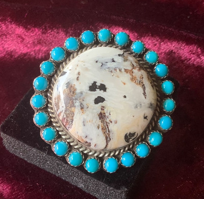 HUGE EMER THOMPSON WHITE BUFFALO + TURQUOISE STERLING SILVER RING 32 GRAM 7 3/4