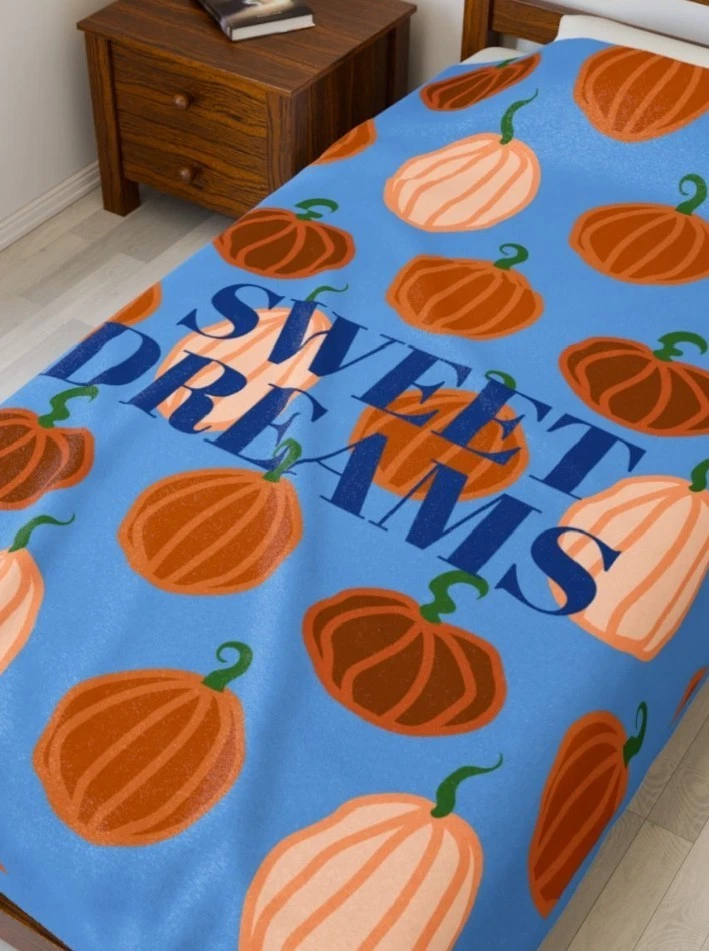 60x80 Light Blue Sweet Dreams Pumpkins Velveteen Blanket - Image 3 of 4