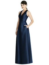 ALFRED SUNG D747 Navy Midnight Sateen Cut-Out Open Back Maxi Gown Dress 2 US XS