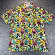 Boardies Hawaiian Shirt Mens Small Psychedelic Skulls Peace Signs Bright Aloha