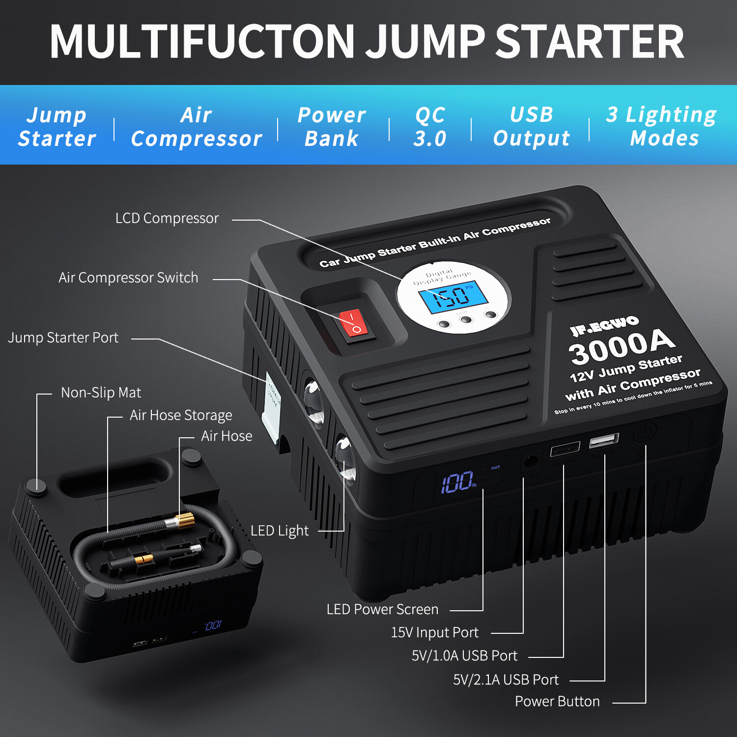 Portable 3000A Jump Starter with Air Compressor 12V Lithium Battery Booster Pack eBay