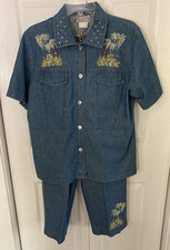 VGT 80s Saint Germain Paris Womens SZ M Pant Set Denim Studded and Embroidered