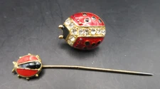 Lot 2 Red Metal Enameled LADYBUG Vintage Hat Stick Pin + Pin Back w/ Rhinestones
