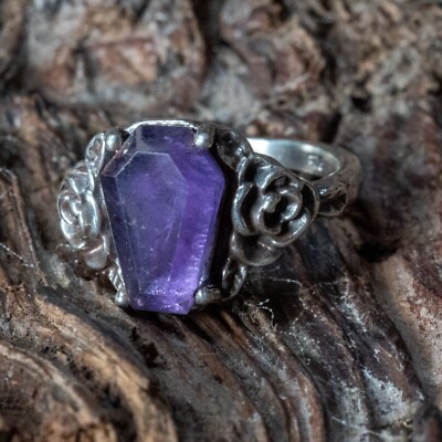 Amethyst Sarg & Rose Ring 925 Sterling Silber & Edelstein Gothic