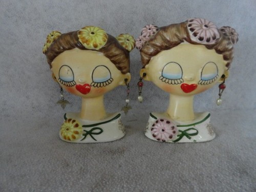 Vintage Tilso Lady Head With Earrings Salt and Pepper Shakers "DAMAGED"