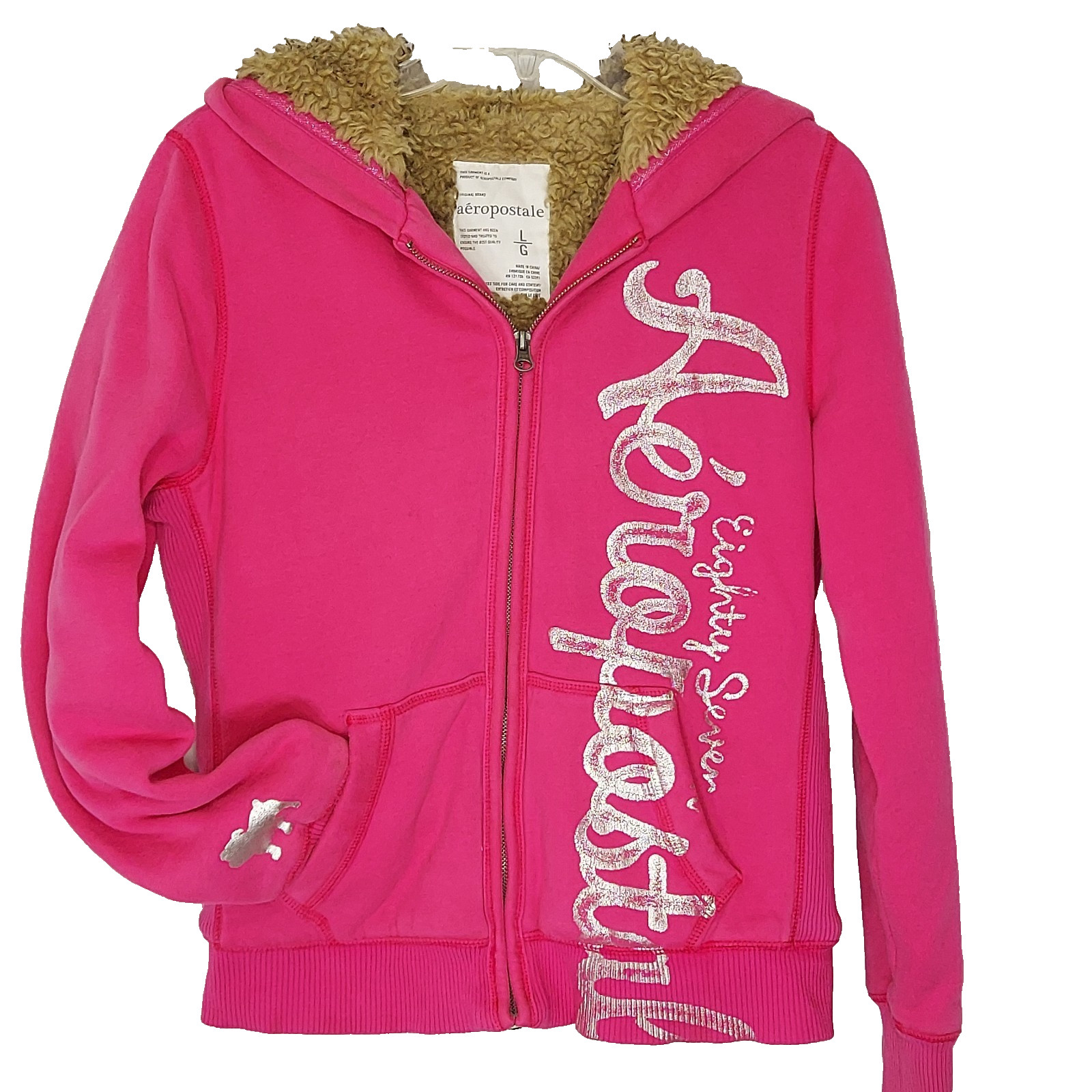 Aeropostale Y2K Faux Fur Lined Pink Hoodie Large Full Zip Grunge
