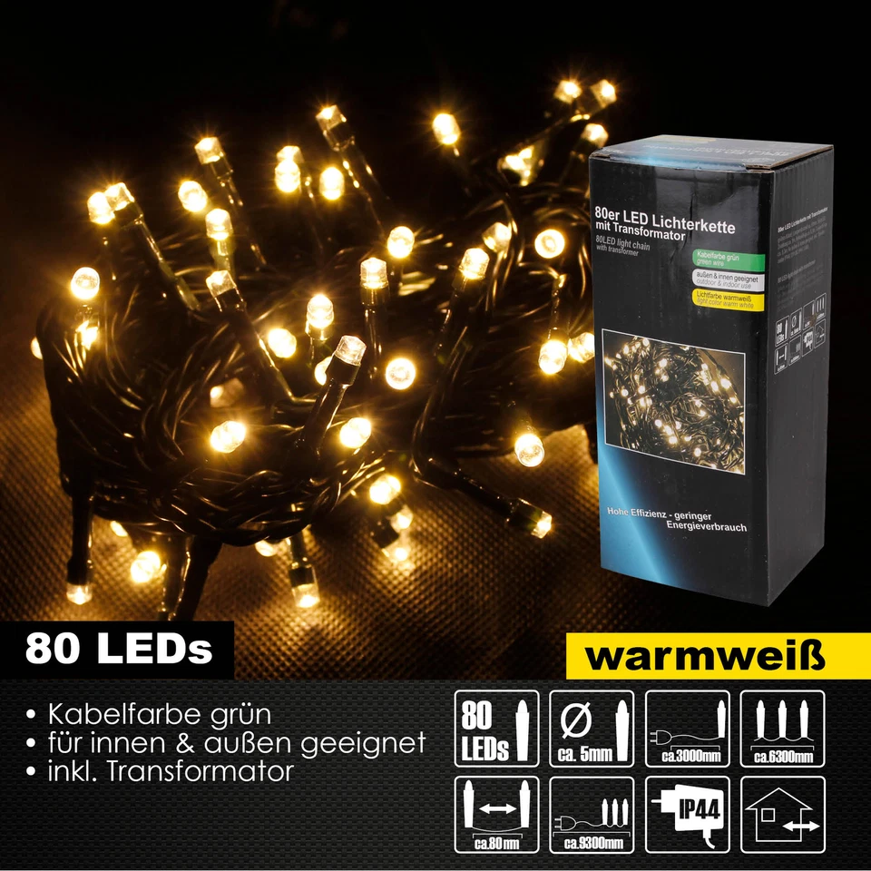 80/120/240/480er LED Lichterkette für Außen Innen Deko IP44 Weihnachten warmweiß