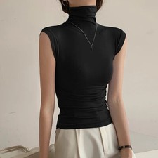 Ladies High Neck Tank Slim Fit Vest Sleeveless Top Thin Solid Casual Fashion