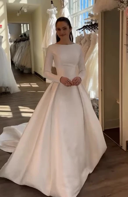 Elegant Satin Wedding Dresses Long Sleeves Scoop Neck Sweep Train Bridal Gowns - Image 3 of 4