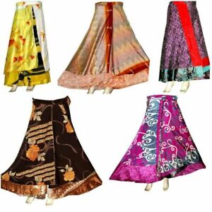5 pc lot of Reversible Long Silk Sari Skirt Handmade Magic Wrap Two Layer Skirt