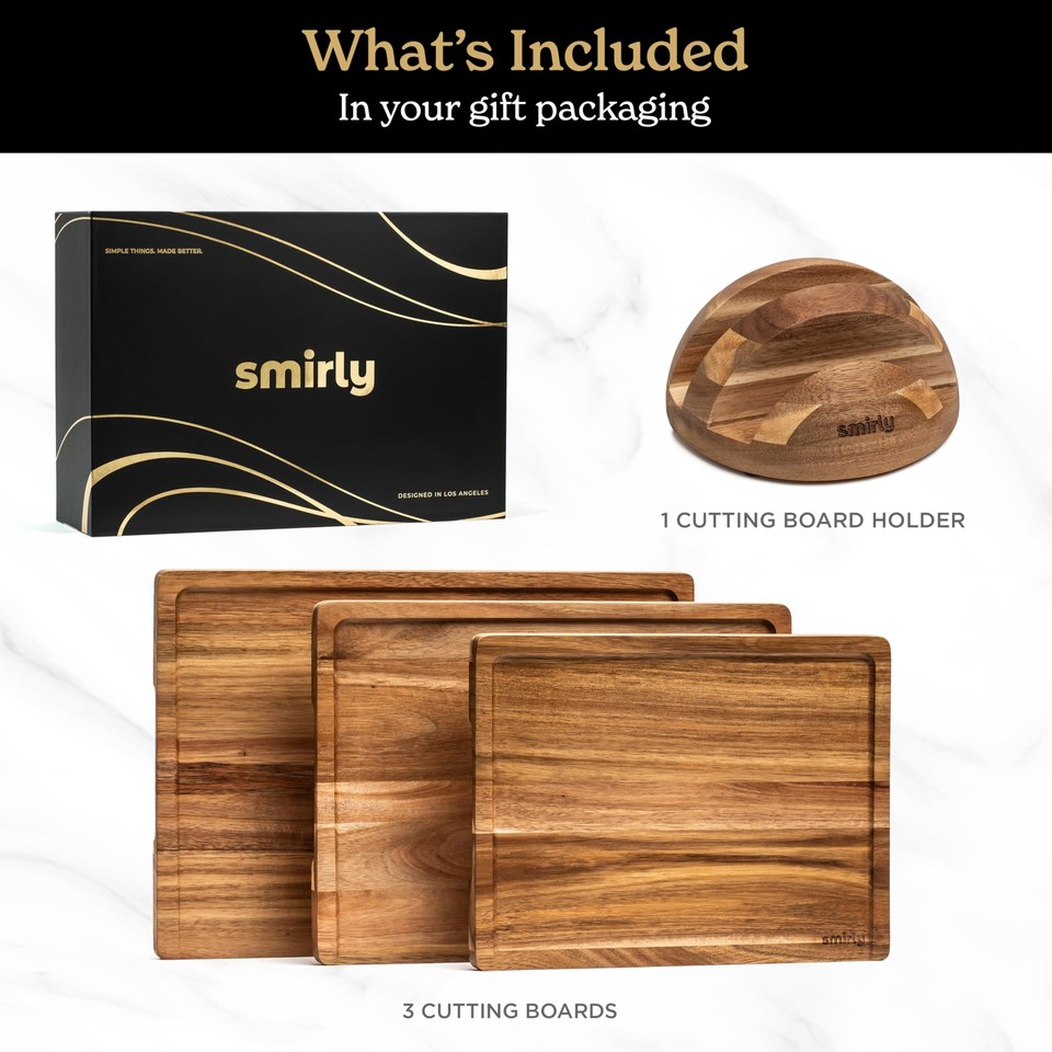 SMIRLY Wooden Cutting Boards For Kitchen Acacia Cutting Board Set