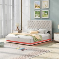 Queen Size LED Upholstered Platform Bed Frame w/ Headboard & Underneath Storage
