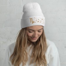 Capricorn in the Stars Knit Beanie - Cozy Knit Hat  White