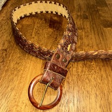 Vintage Hand Made Tooled Brown Western Leather Belt  Mexico Wood Buckle Small