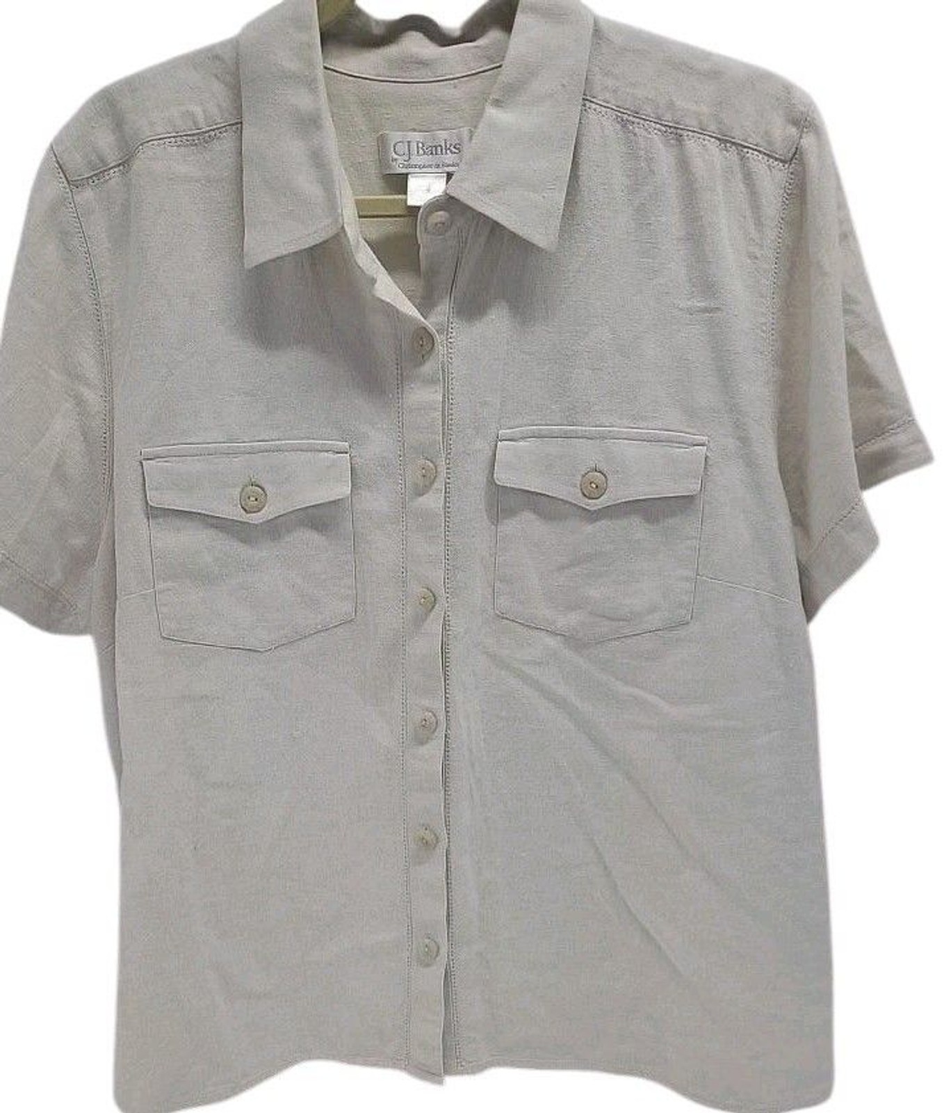 Vtg CJ Banks Blouse 1X Linen Blend Pockets Minimalist Resort Button Casual