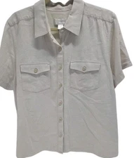 Vtg CJ Banks Blouse 1X Linen Blend Pockets Minimalist Resort Button Casual