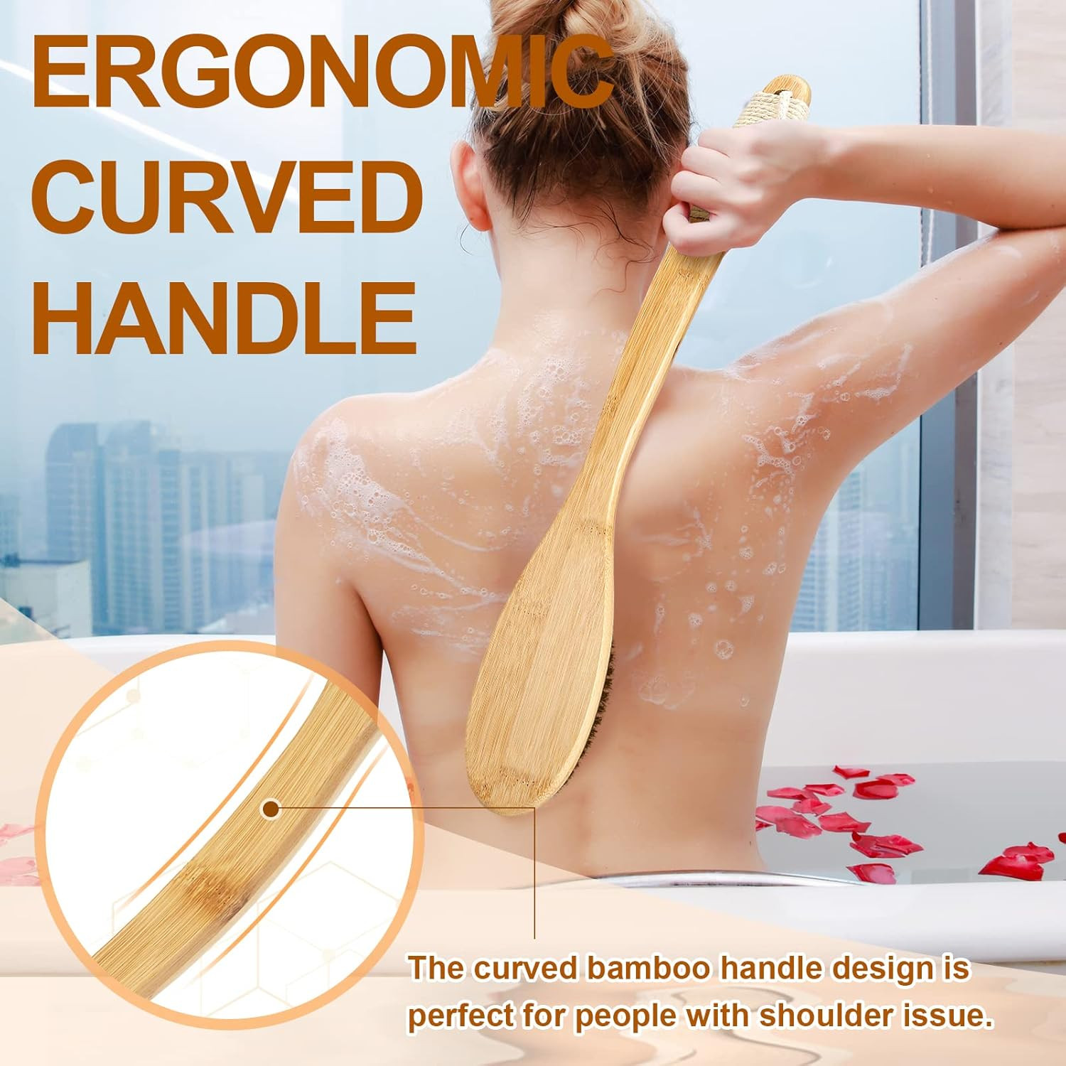 Bamboo Shower Brush with Curved Long Handle, 16.7 Inches Exfoliating Back Scrubb