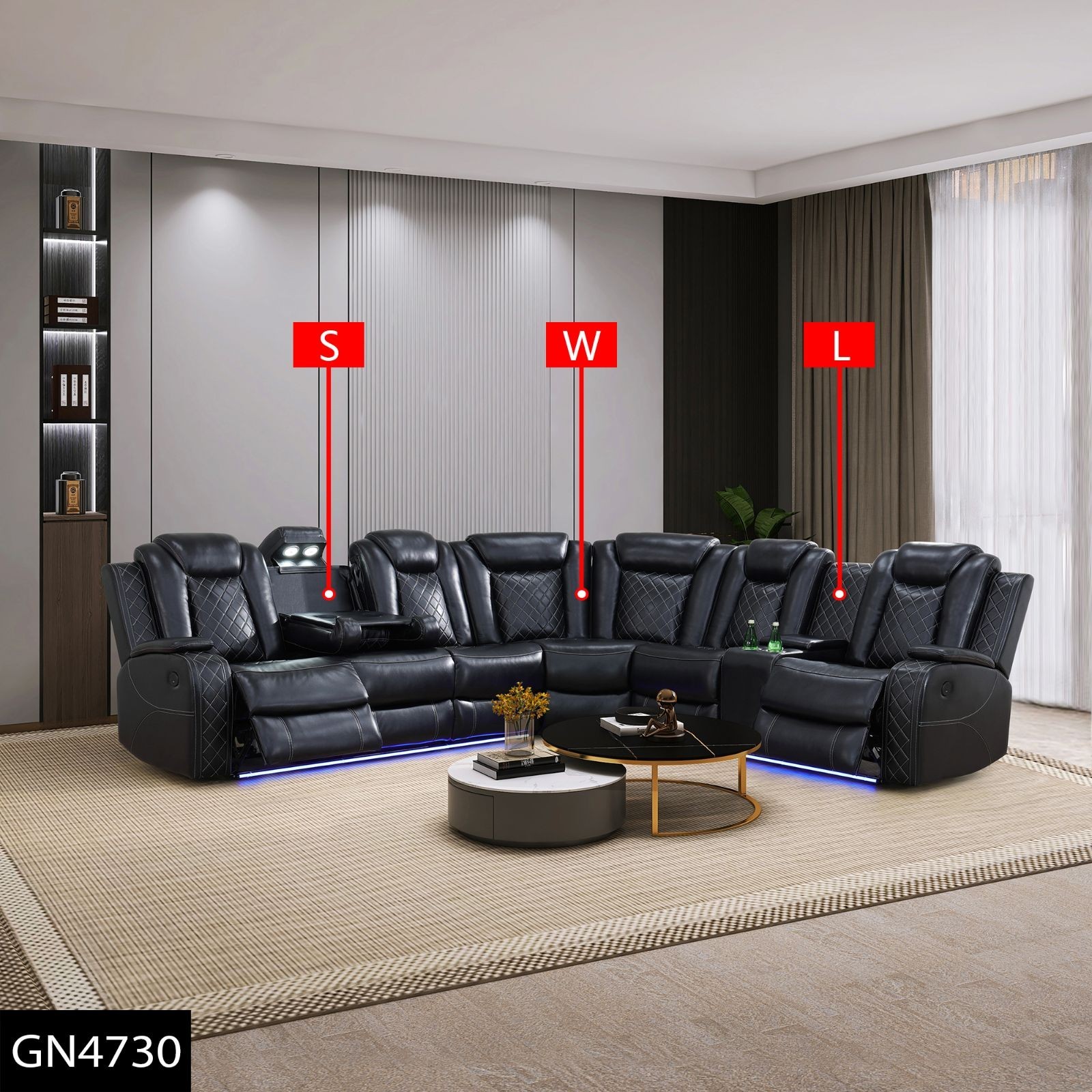 Black Breathing Leather 3-Piece Living Room Recliner Sofa