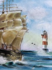 Maritimes Bild , Aquarell , Wesermündung mit Segelschiff von 1989 mit Signatur