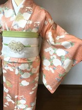 Pure Silk Kimono Pale Orange Mum Chrysanthemum Spring Kimono Used Japan