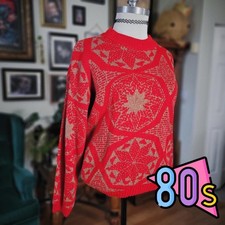 Burlington Factory Knit Sweater Vintage 80s Red Geometric Holiday Ornate Women