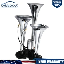 Air Horn Kit Chrome Impact 150db 3 Triple Trumpet Deep Loud Train Sound