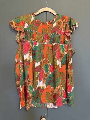 Nwt Rose + Olive Women s Blouse Size M Tropical Print Ruffle Sleeve Lightweight 