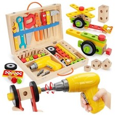 Kids Tool Set with Electric Drill, 46 Pcs Wooden Toddler Play Tools Set with