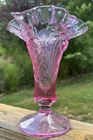 Fenton Pink Daffodils Scalloped Edge Vase 7.25” Tall-Fenton Sticker 1905-2000