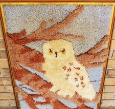Vtg Framed MCM Shag Rug OWL Latch Hook Tapestry Wall Art Lot 35.5" x 26"
