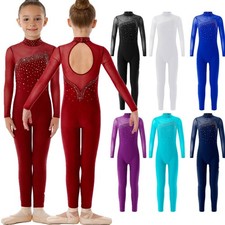Girls Ballet Training Jumpsuit Catsuit Dancewear Shiny Rhinestone Costume Party