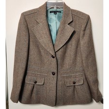 Nipon Boutique Wool Green Beige Blazer Herringbone Tailored Women's 8 Med Lined