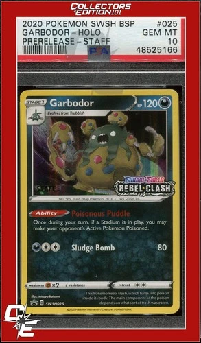 Black Star Promo Garbodor SWSH025 Rebel Clash Prerelease STAFF PSA 10