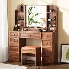 43" Makeup Vanity Desk with Mirror and Lights,  Power Outl, Glass Top Big Va...