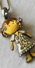 Lil Brown Haired Girl Necklace W/silver Rhinestone Dress 20  Adj Silver Tone Cha