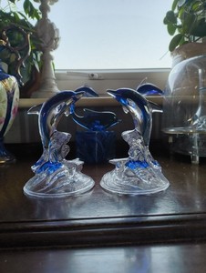 PAIR Heavy Murano Style Blue Dolphin Glass Sculptures on Wave Base