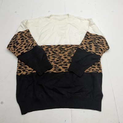 Leopard Colorblock Sweater Womens 3XL Plus Black Crew Neck Pullover Animal Print